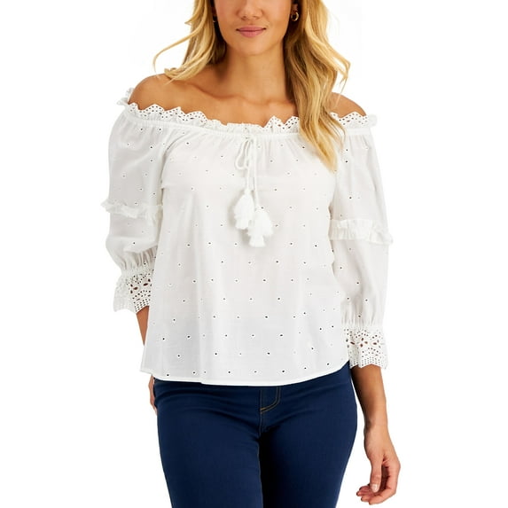 Charter Club Petite Cotton Schiffli Top Bright White PXL