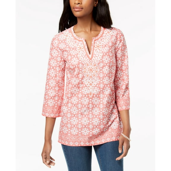 Charter Club Petite Cotton Split Neck Tunic Coral Breeze Combo PXL