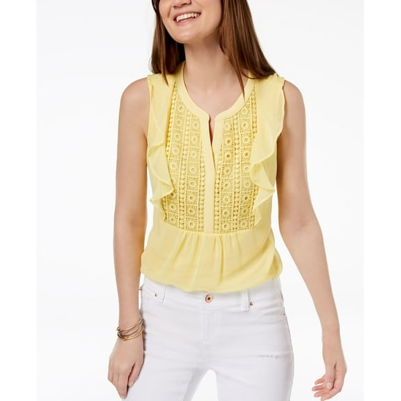 Charter Club Petite Crochet Front Flutter Top Lemon Spritz PXL