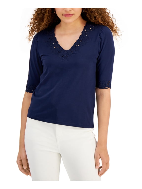 Petite Crochet-Trim Cotton Top Intrepid Blue PXS