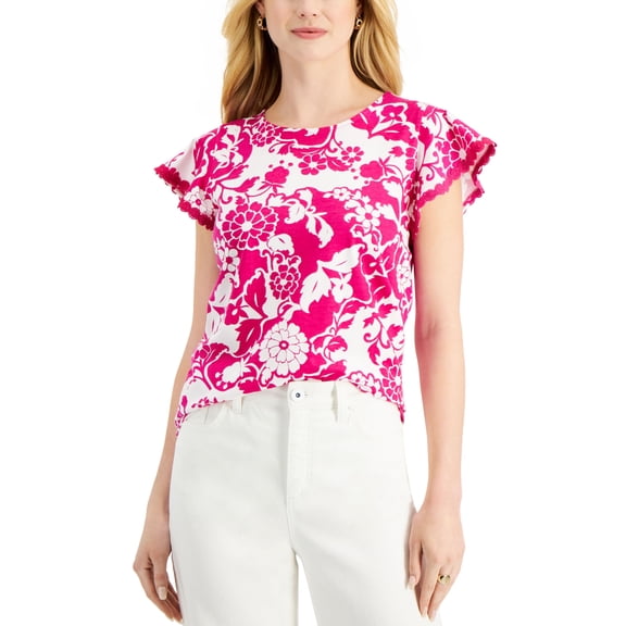 Charter Club Petite Crochet Trim Flounce Sleeve Top Pink Tutu Combo PXS