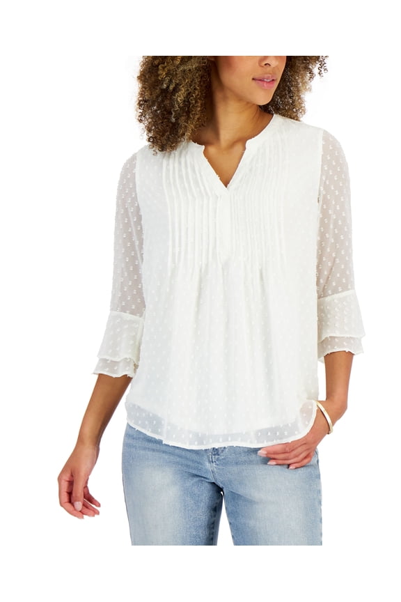 Petite Double Ruffle Textured Pintuck Top Cloud PM