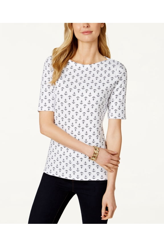 Petite Elbow-Sleeve Anchor-Print T-Shirt Bright White PM