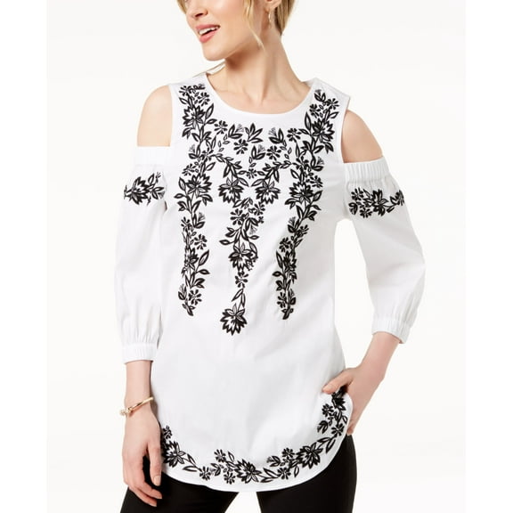 Charter Club Petite Embroidered Cold Shoulder Top Bright White PM