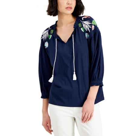 Charter Club Petite Embroidered Peasant Top Intrepid Blue PS