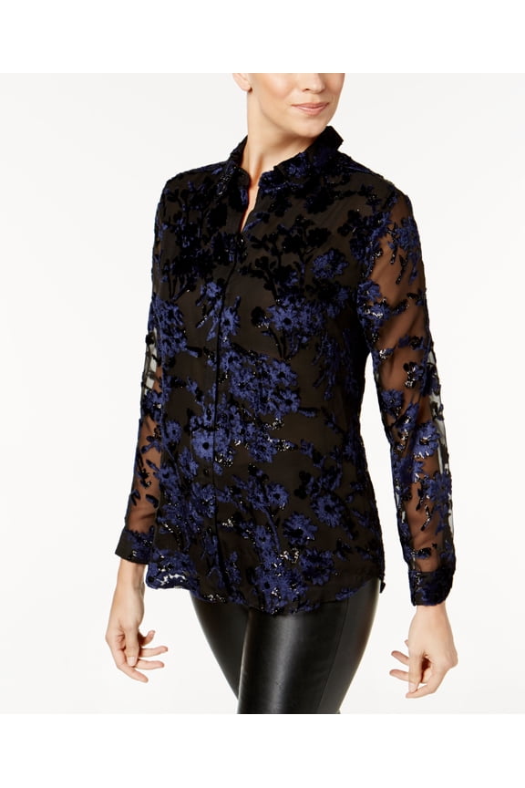 Petite Flocked Button Down Blouse Deep Black Cmb PL