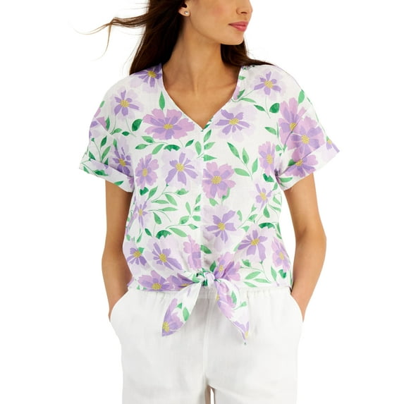 Charter Club Petite Floral Linen Tie Front Top Bright White Combo PL