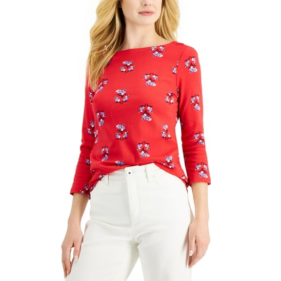 Charter Club Petite Floral Print 3/4 Sleeve Cotton Top Red Barn Combo PXS