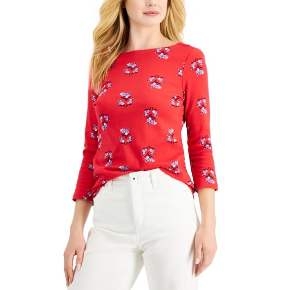 Charter Club Petite Floral Print 3/4 Sleeve Cotton Top Red Barn Combo PXS