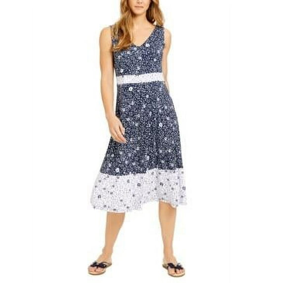 Charter Club Petite Floral-Print Dress Blue Size PETITE LARGE