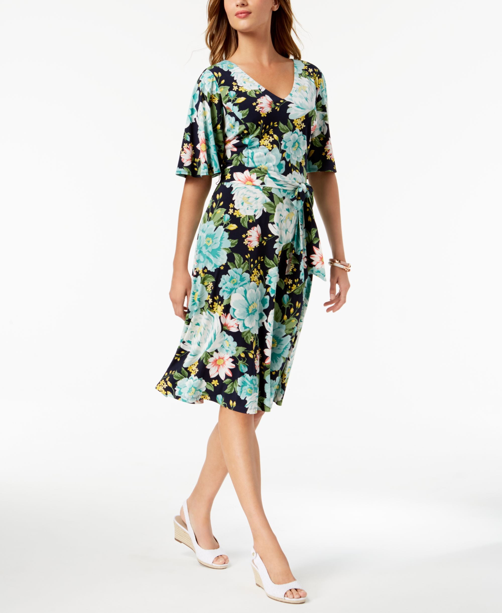 charter club petite dresses Charter Club Women's Petite Linen King Street Palm Flounce Dress - Natural