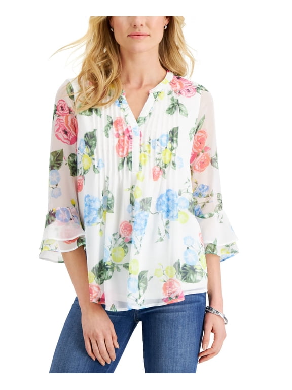 Petite Floral Print Flutter Sleeve Pintuck Top Cloud Combo PL