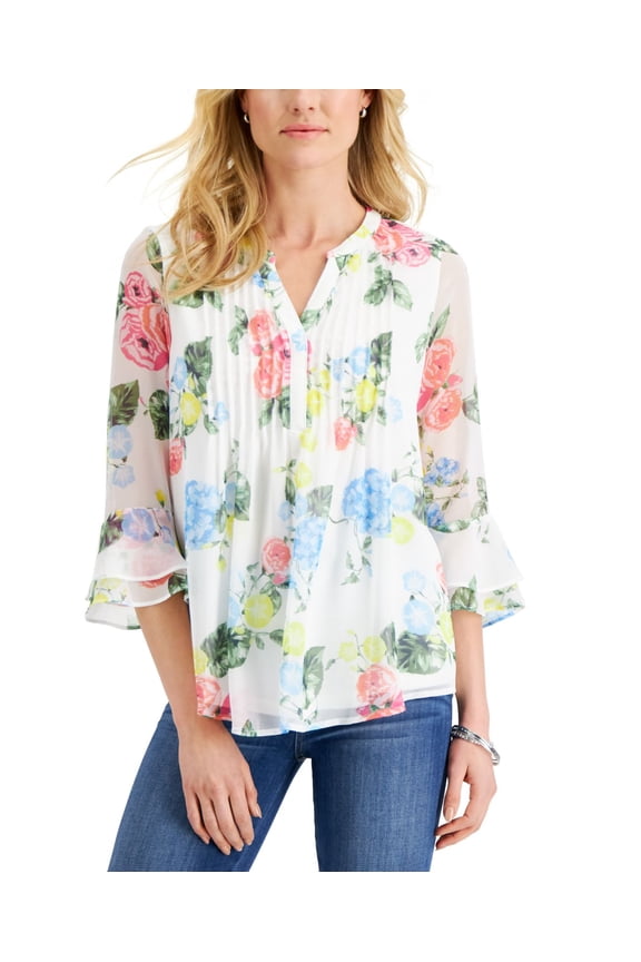 Petite Floral Print Flutter Sleeve Pintuck Top Cloud Combo PL