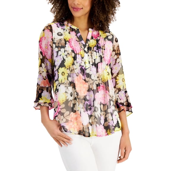Charter Club Petite Floral Print Flutter Sleeve Pintuck Top Deep Black Combo PL