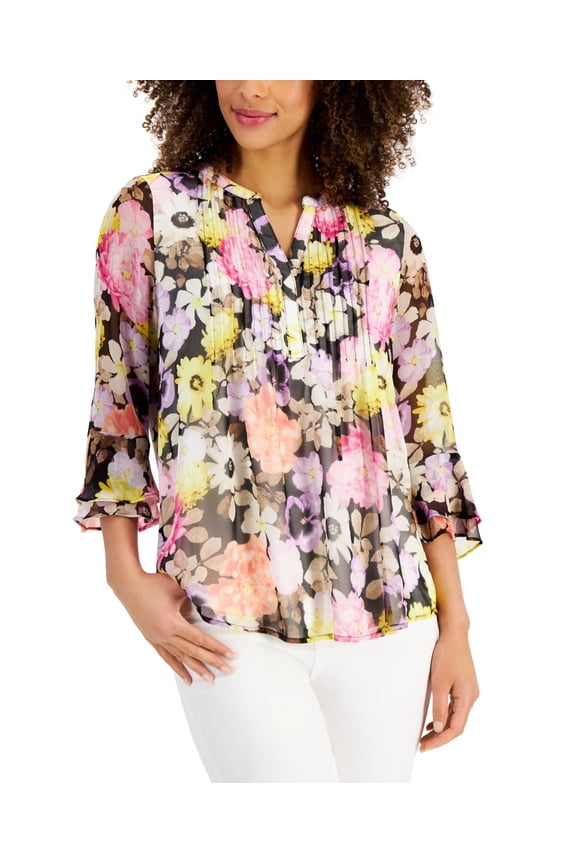 Petite Floral Print Flutter Sleeve Pintuck Top Deep Black Combo PS