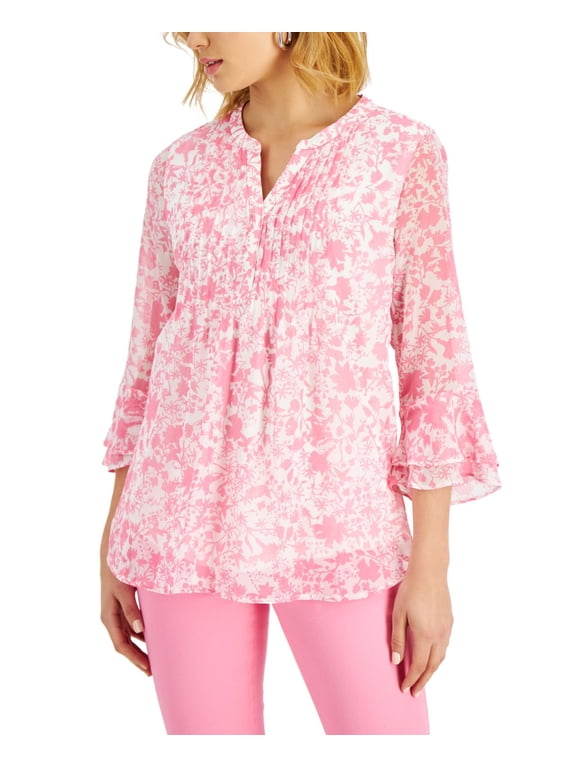 Petite Floral Print Flutter Sleeve Pintuck Top Peony Combo PS