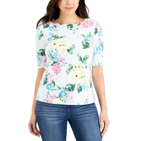 Charter Club Petite Floral Print Scalloped Top Waterline Combo PS