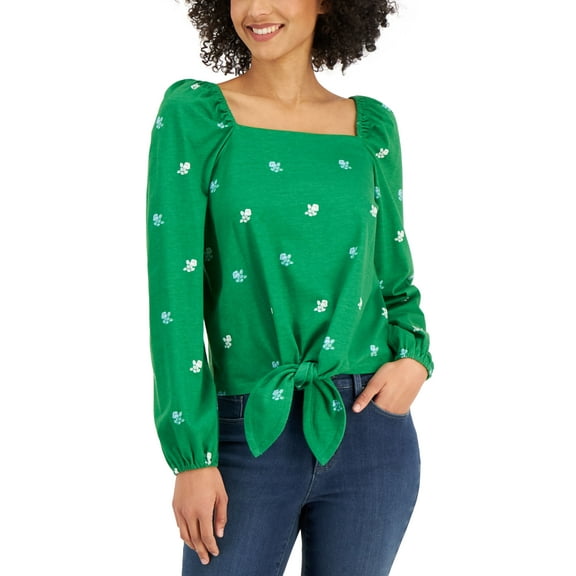 Charter Club Petite Floral Print Tie Front Top Bright Myrtle Combo PXS