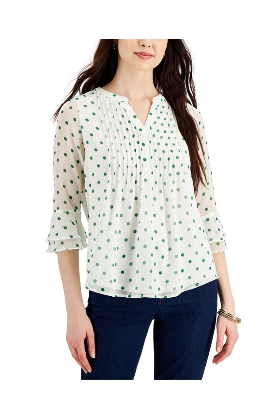 Petite Knit Dot Print Pintucked Top Cloud Combo P2XS