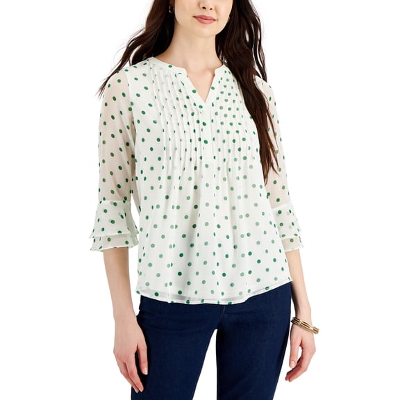 Charter Club Petite Knit Dot Print Pintucked Top Cloud Combo PM