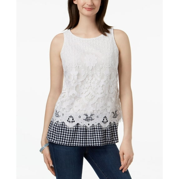 Charter Club Petite Lace Gingham Hem Top Bright White PM