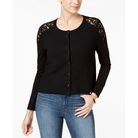 Charter Club Petite Lace Trim Cardigan Deep Black PM