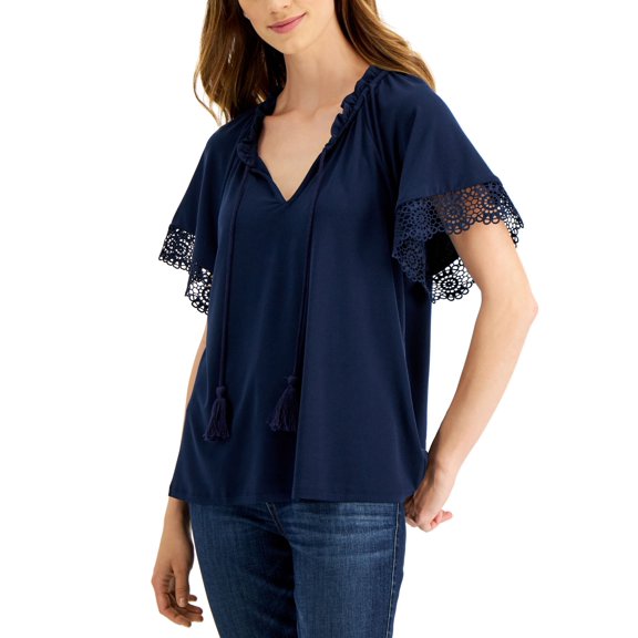 Charter Club Petite Lace Trim Top Intrepid Blue PL