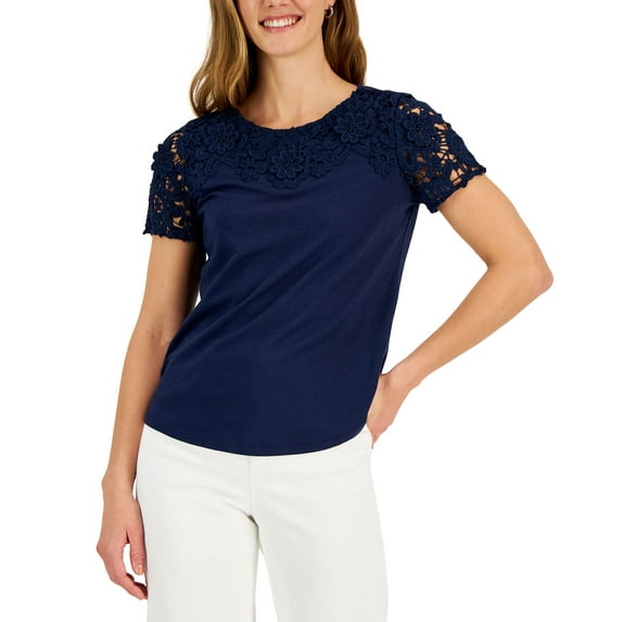 Charter Club Petite Lace Yoke Short Sleeve Top Intrepid Blue PS