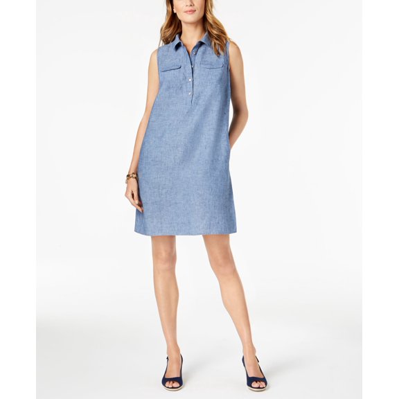 Charter Club Petite Linen Shift Dress Blue Ocean PS