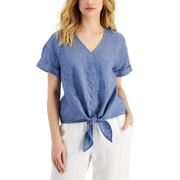 Charter Club Petite Linen Tie Front Top Blue Ocean PL