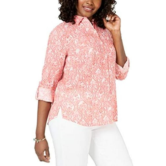 Charter Club Petite Linen Utility Shirt Tuscon Coral Combo PS