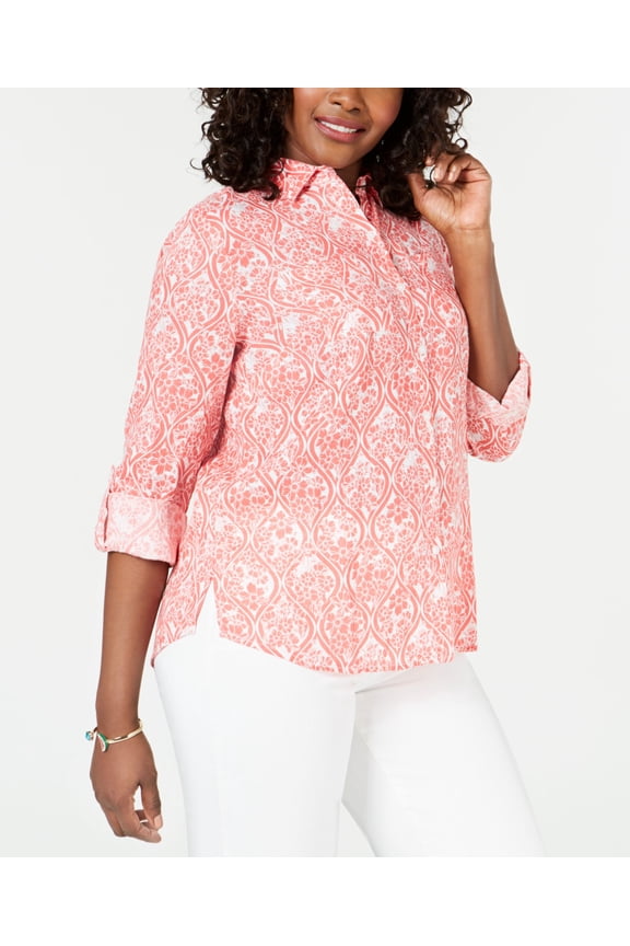 Petite Linen Utility Shirt Tuscon Coral Combo PL