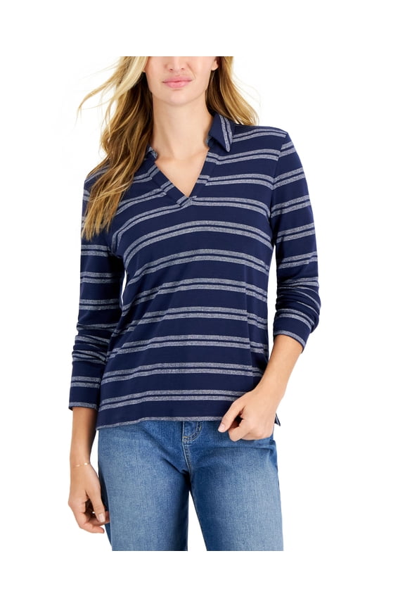 Petite Long Sleeve Merry Stripe Johnny Collar Pullover Intrepid Blue Combo PL