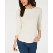 CHARTER CLUB Petite Pima Cotton Button Shoulder Top Natural Oat Heather P/L