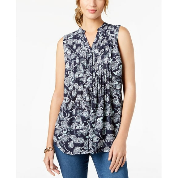 Charter Club Petite Pintuck Pleated Sleeveless Top Intrepid Blue Combo XL