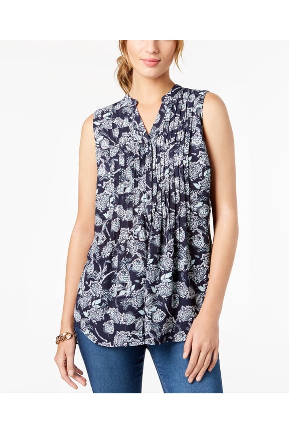 Petite Pintuck Pleated Sleeveless Top Intrepid Blue Combo XL