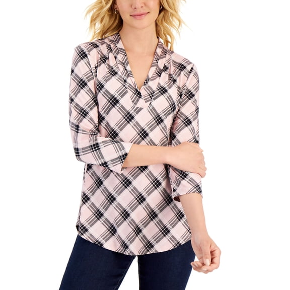 Charter Club Petite Plaid 3/4 Sleeve Top Bllt Ribbon Combo PM