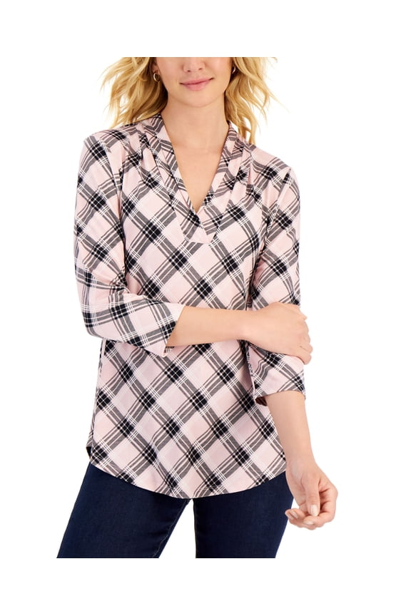 Petite Plaid 3/4 Sleeve Top Bllt Ribbon Combo PS