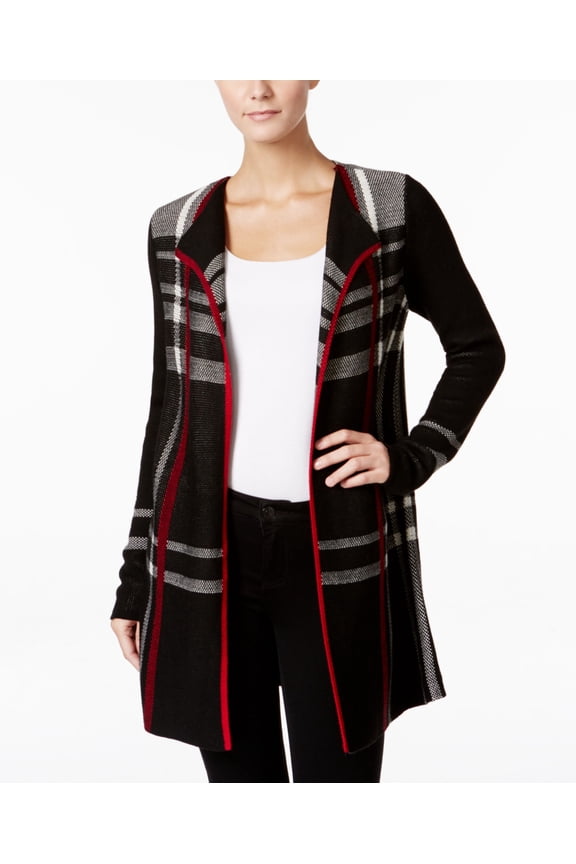 Petite Plaid Open Front Cardigan Deep Black Combo PXS