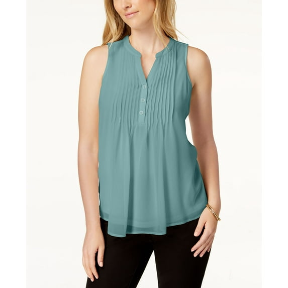 Charter Club Petite Pleated Button Neck Top Tulum Blue PXL