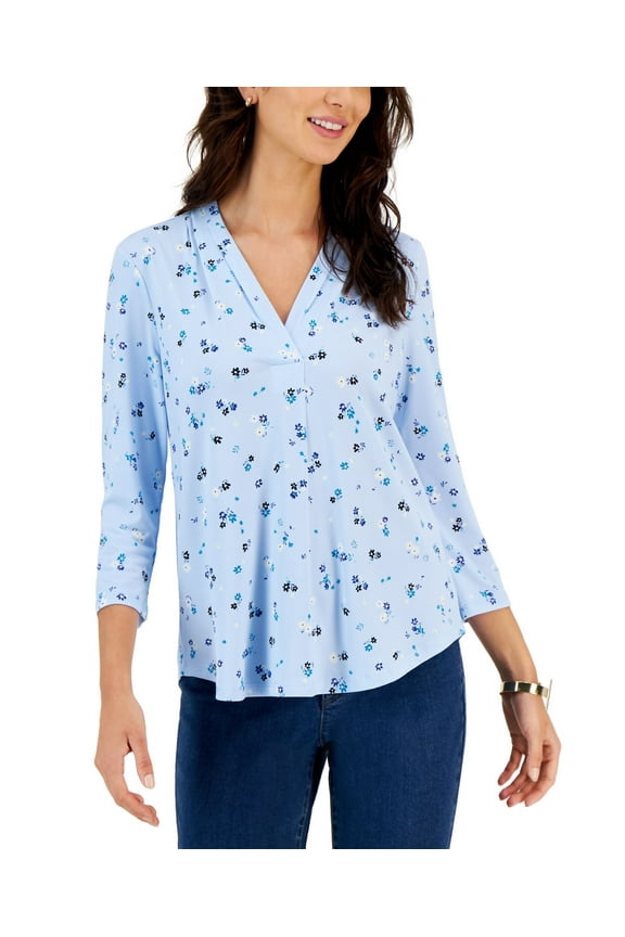 Petite Printed 3/4 Sleeve Blouse Blue Nouveau Combo PM