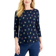 Charter Club Petite Printed 3/4 Sleeve Cotton Top Intrepid Blue Combo P2XS