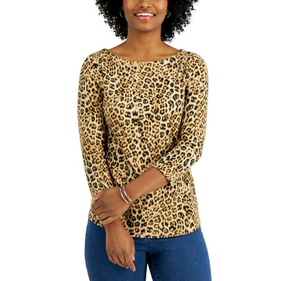 Charter Club Petite Printed 3/4 Sleeve Cotton Top Sedona Dust Combo PL