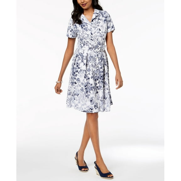Charter Club Petite Printed Belted Shirtdress Intrepid Blue Combo 6P