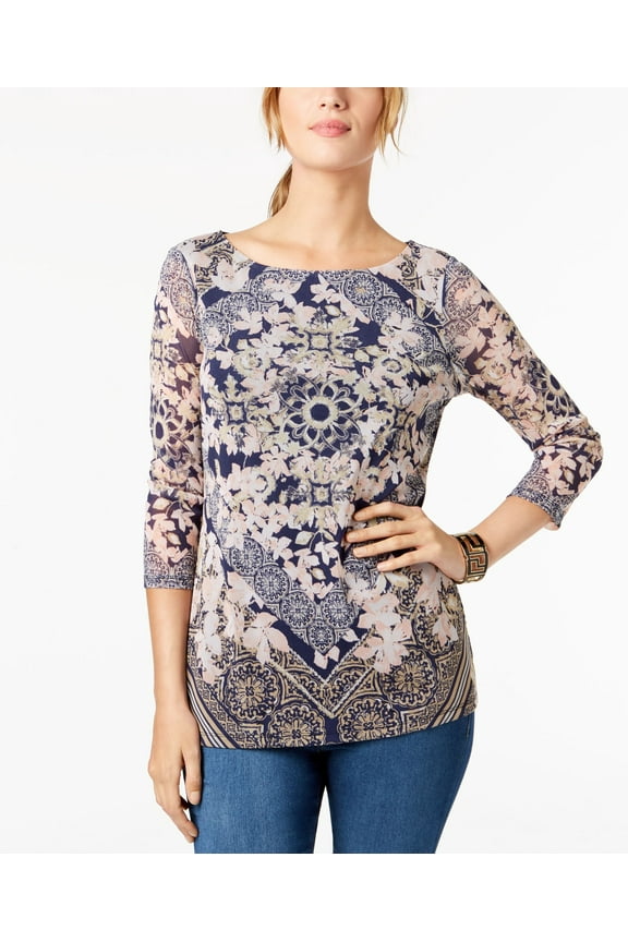 Petite Printed Boat Neck Top Intrepid Blue PM