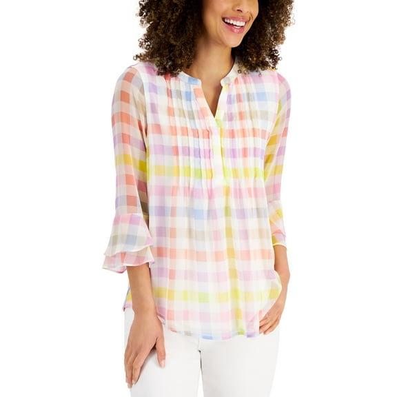 Charter Club Petite Printed Pintuck Top Cloud Gingham Combo PS