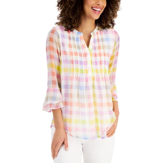 Charter Club Petite Printed Pintuck Top Cloud Gingham Combo PP