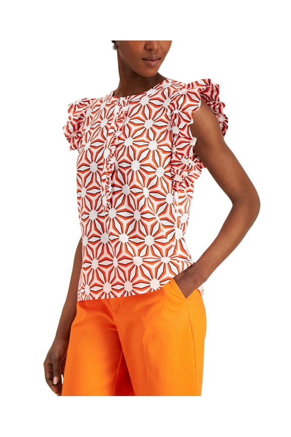 Petite Printed Ruffle Sleeve Shirt Bright White Combo PL