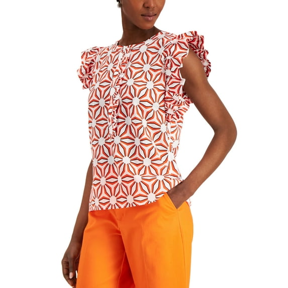 Charter Club Petite Printed Ruffle Sleeve Shirt Bright White Combo PL