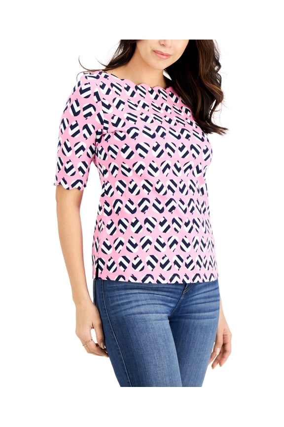 Petite Printed Scalloped Neck Knit Top Bubble Bath Combo PL